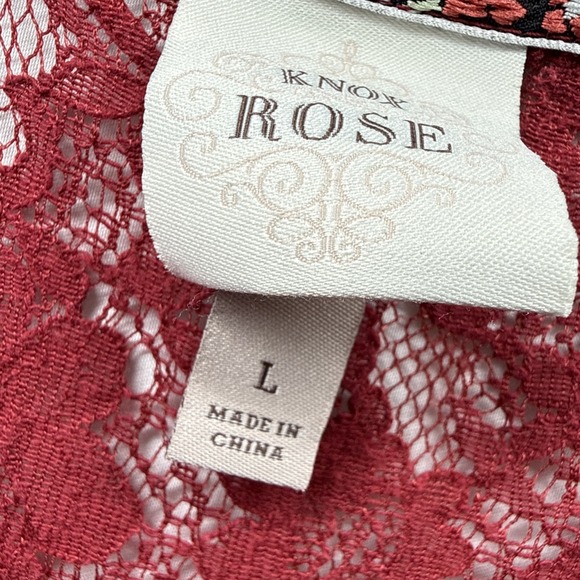 Knox Rose Women's Waffle Knit Top Sz L Red Waist Tie Button Up Long Sleeve Lace - Picture 2 of 7